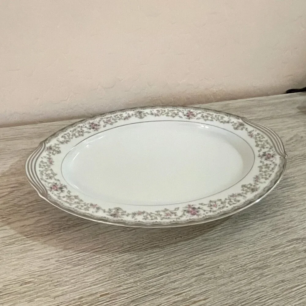 Noritake China Edgewood 5807 Platter Serving Oval Rose Floral Silver